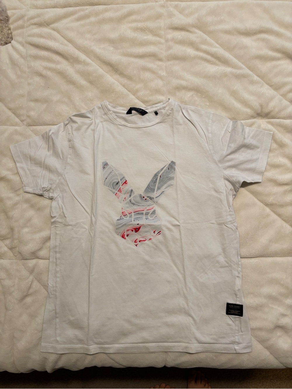 White Short-Sleeve Graphic Tee with Marble Bunny Motif
